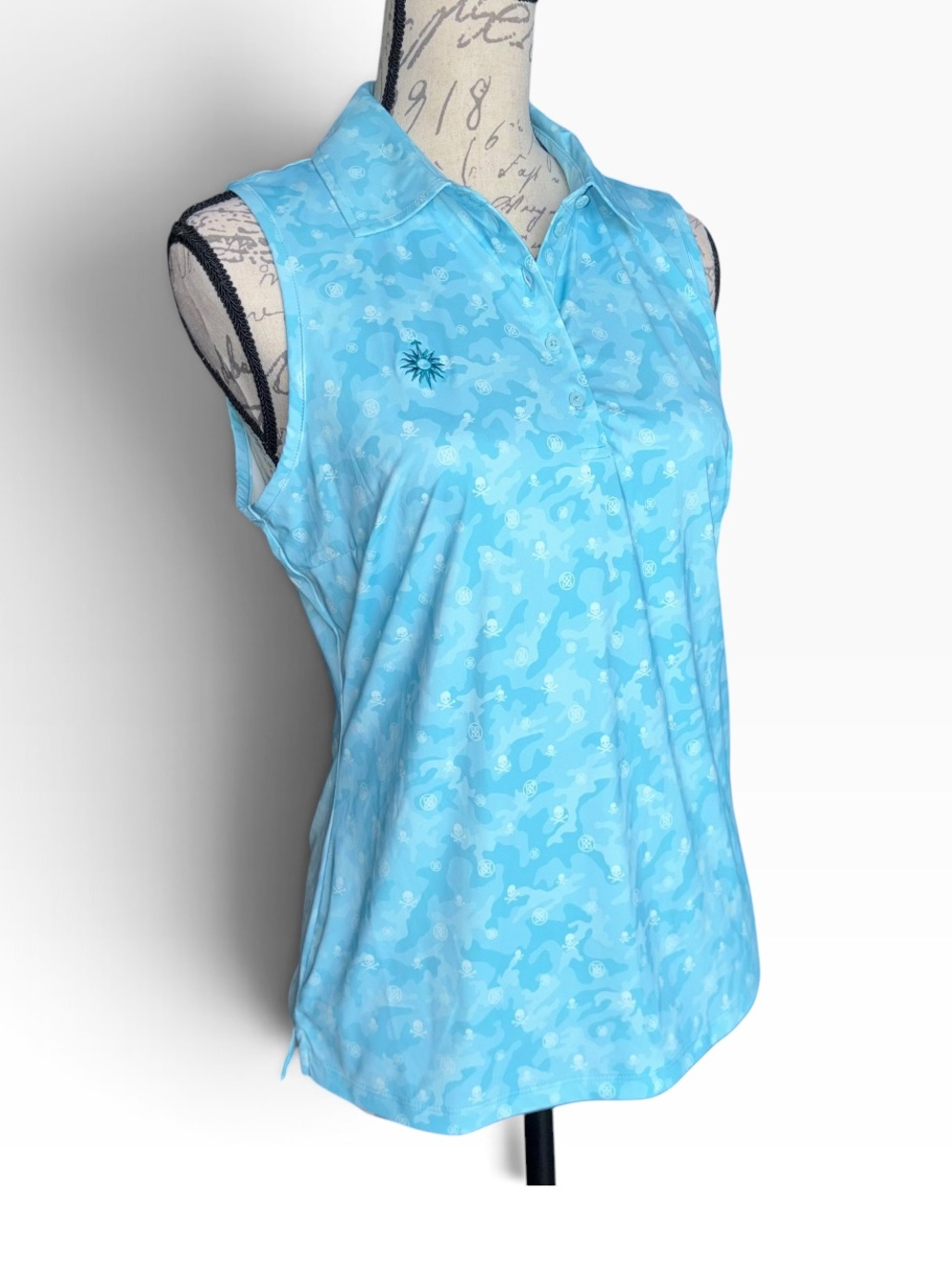 G/FORE Sleeveless Golf Polo Shirt Womens M Blue Camo Skull Print Performance Top